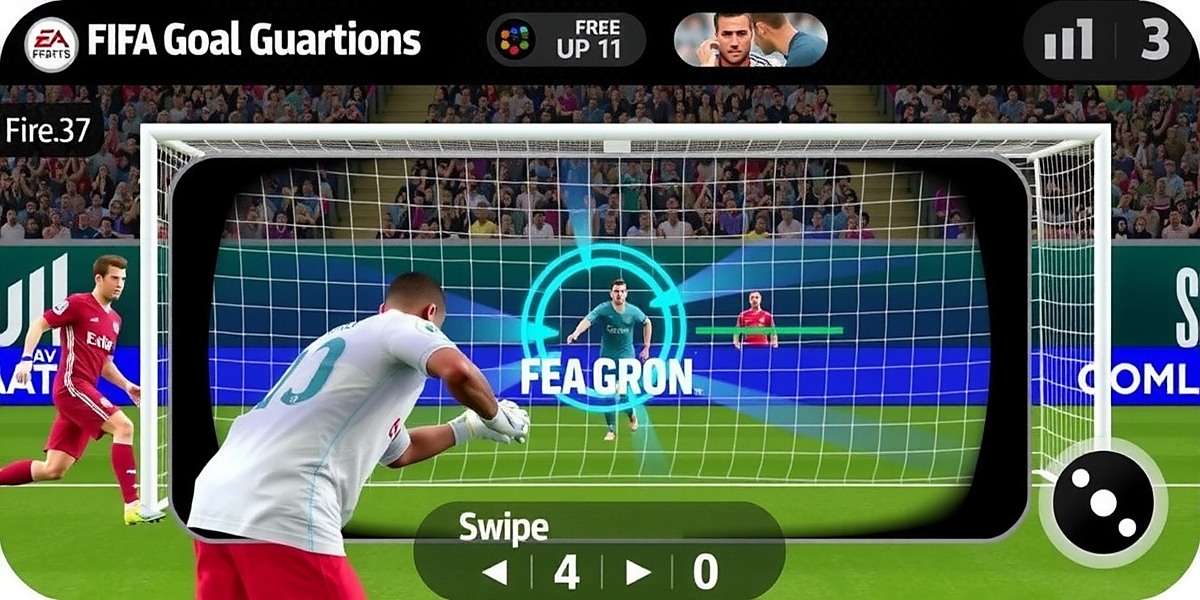 FIFA Mobile Goal Guardian Goalkeeper Controls FIFA Mobile Goal Guardian gameplay showing the goalkeeper control interface with swipe gestures